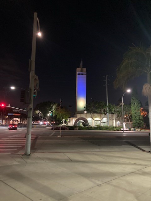 Veterans Memorial Building Tower Blue and Yellow