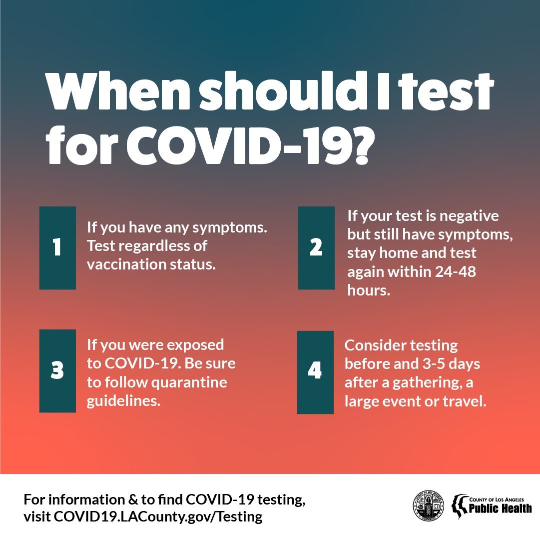 When should I test for COVID-19? Text outlined above. COVID19.LACounty.gov/Testing