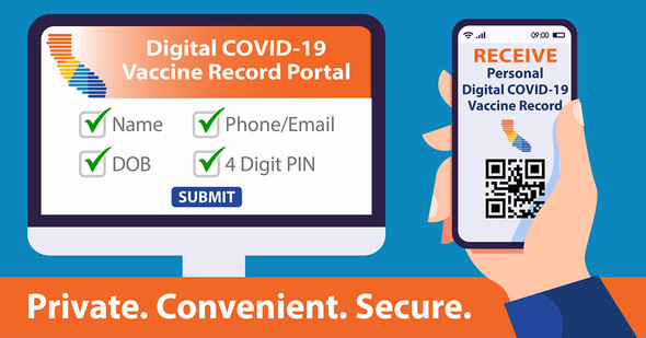 Receive Personal Digital COVID-19 Vaccine Record by submitting your name, phone/email, DOB, 4 digit PIN. Private. Convenient. Secure.