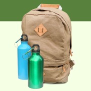 green backpack with reusable water bottles