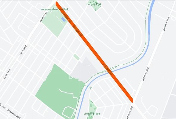 Map of road closure highlighting Overland Avenue between Veterans Memorial Park at Culver Boulevard to Jefferson Boulevard