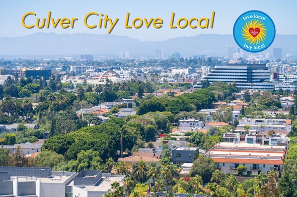 Photo of Culver City Skyline with the words and logo Love Local Buy Local Culver City