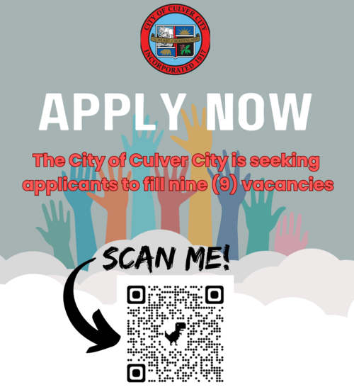 Raised hands reaching above clouds, Culver City seal, City is seeking applicants to fill nine vacancies scan QR code www.culvercity.org/serve