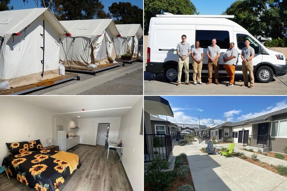 Four Photos showing Culver City's Homeless Outreach efforts including Project Homekey Safe Sleep and Mobile Crisis Team