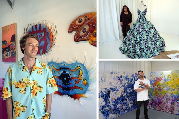 Three photos of artists in Culver City Arts District