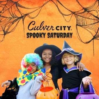 Spooky Saturday Culver City Image of kids dressed up for halloween with orange background