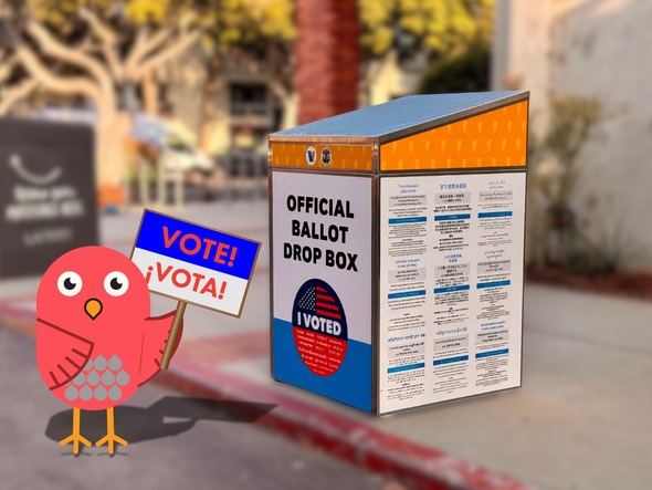 Photo of Birdee in front of Vote box