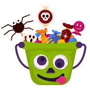 Illustration of candy in a bucket that looks like Frankenstein's monster.