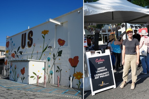 Photo of former Martin Retting store and photo of Artist Laureate Katy Krantz