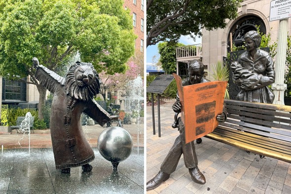 Photos of completed work on The Lion's Fountain (left) and A Moment in Time (right)