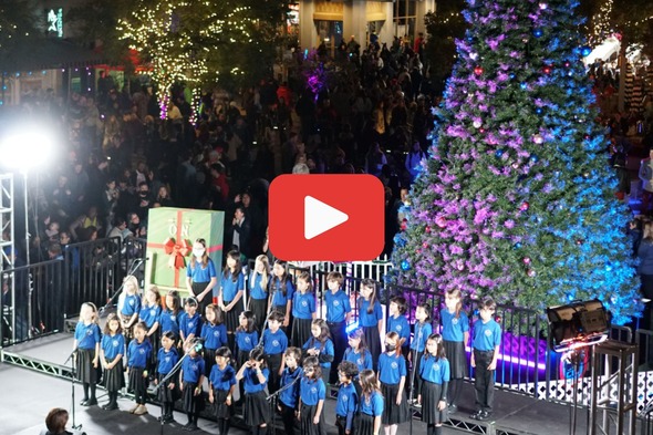 Photo of tree lighting ceremony linking to video of last year's event.