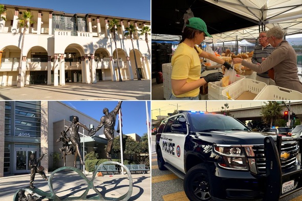 Four photos of City Hall, Senior Center, Police car, and Farmers Market
