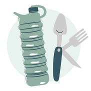 illustration of collapsible water bottle and portable utensils