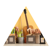 Old guitar and lamp with boxes in a yellow room