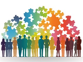 Rainbow colored graphic of people standing under rainbow-colored clouds 