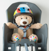 teddy bear in bike seat wearing helmet