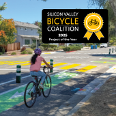 Woman riding down Lawson Bikeway with text "Silicon Valley Bicycle Coalition 2025 Project of the Year"