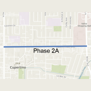 Street map of Cupertino with Stevens Creek Blvd between Wolfe Road and De Anza Blvd highlighted in blue. Text reads "Phase 2"