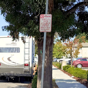 No parking sign along Cupertino street for vehicles over 22 feet long or 6 feet wide and 8 feet high