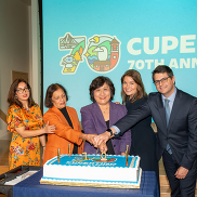 Cupertino City Manager Kapoor, Council Mohan, Mayor Chao, Vice Mayor Moore, and Councilmember Fruen cutting 70th birthday cake