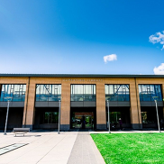 Front view of Cupertino Library on a sunny day