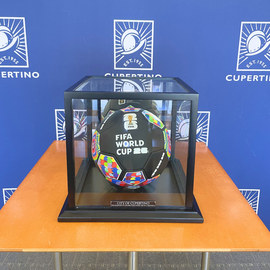FIFA Soccer ball in front of City of Cupertino photo back drop