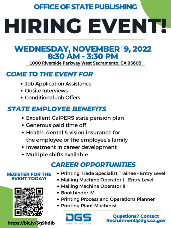Flyer for the Office of State Publishing Hiring Event