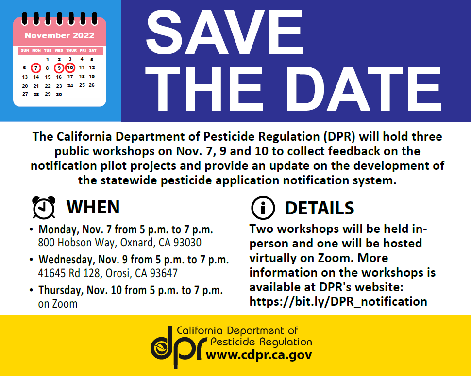 Image of dates and times for DPR's upcoming notification workshops