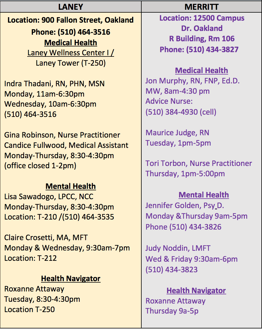 Laney and Merritt health services schedule