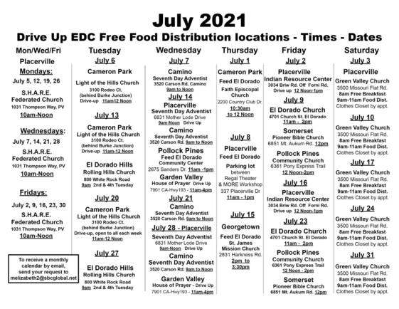 July 2021 Free Food Calendar