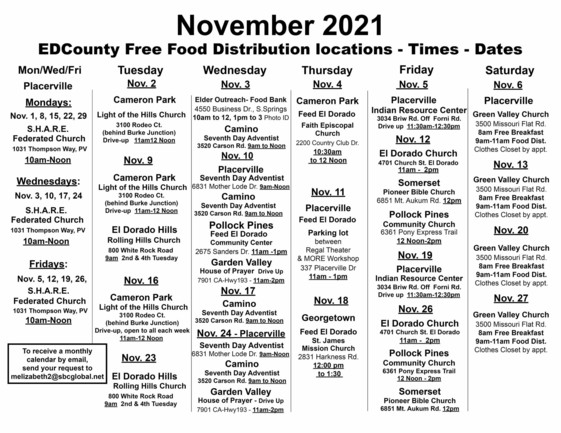 November Free Food Calendar