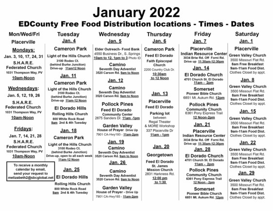 January 2022 Free Food Calendar