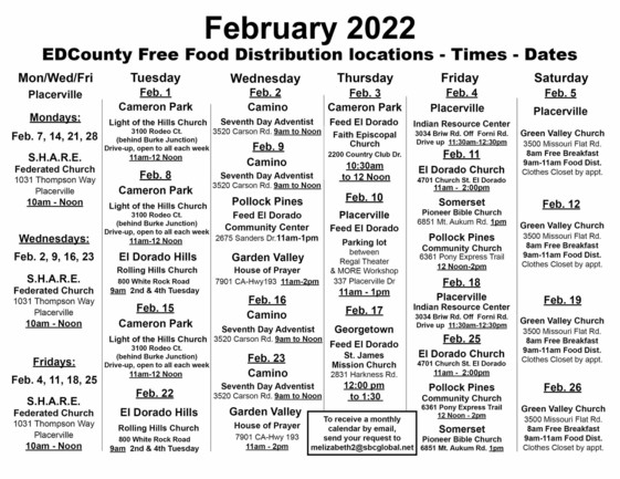 February 2022 Free Food Calendar