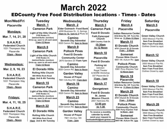 March 2022 Free Food Calendar