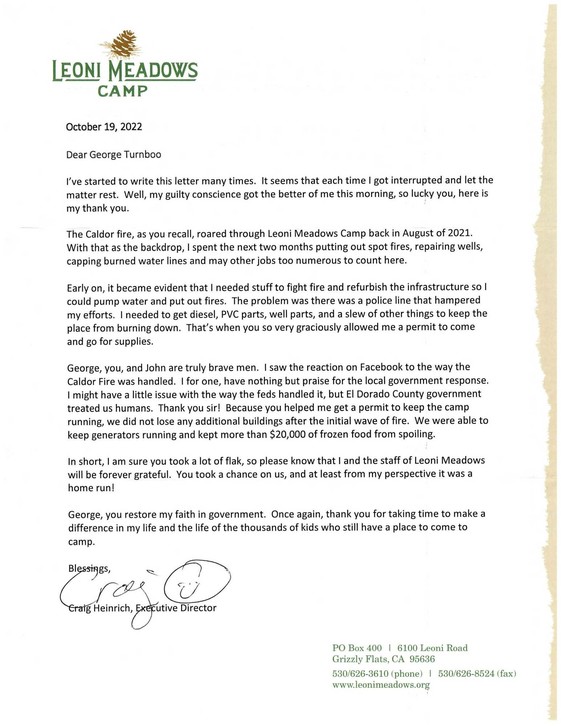 Letter from Leoni Meadows Camp