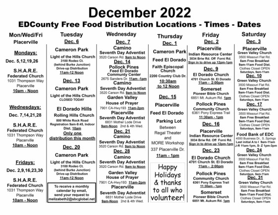 December 2022 Free Food Calendar