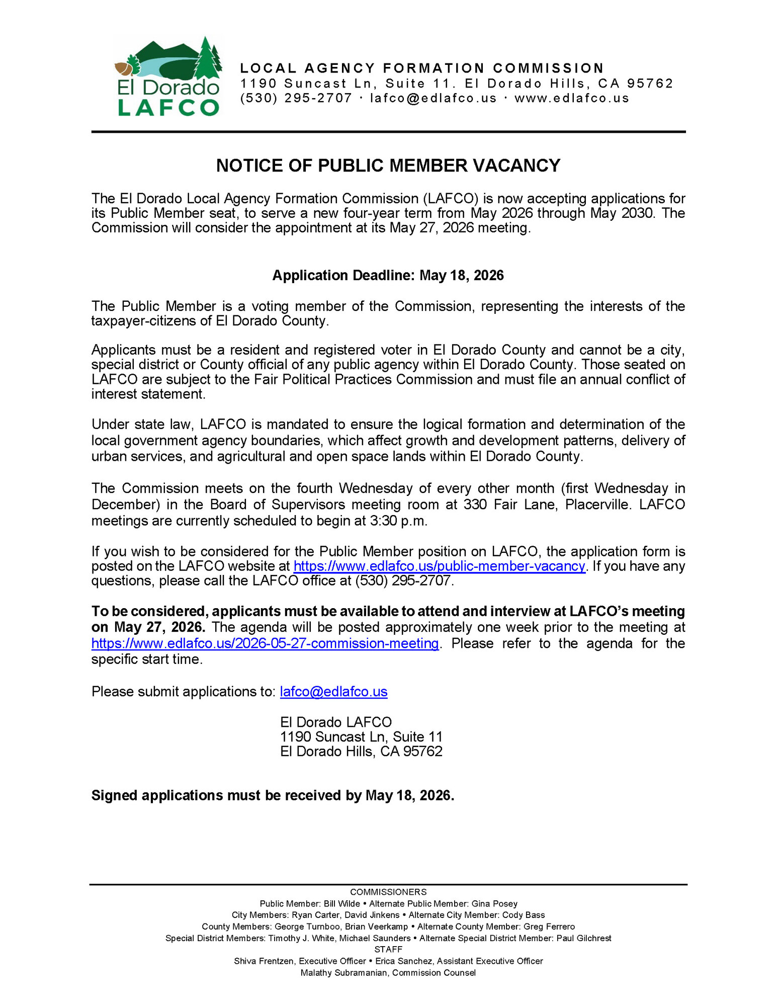 2026 Notice of Public Member Vacancy