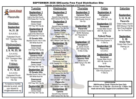 September 2026 Free Food Calendar