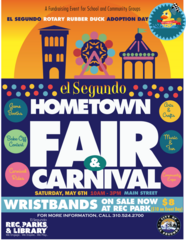 Hometown Fair & Carnival with cartoon drawings of Ferris wheel, carousel, and building.