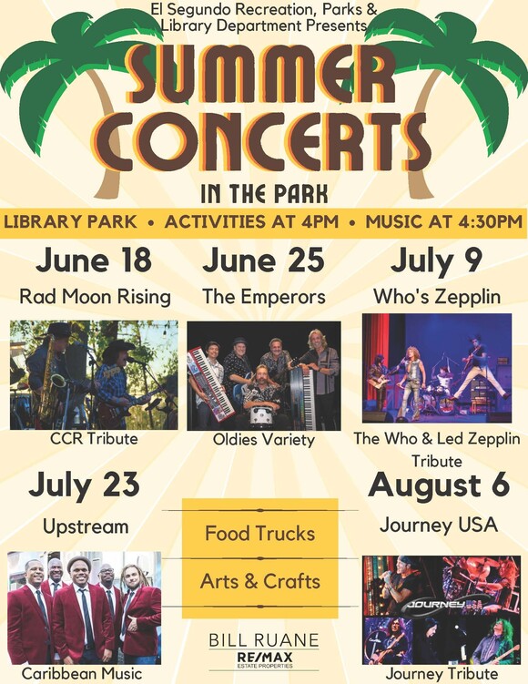 Flyer with images of bands playing in the 2023 Summer Concert Series