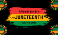 Words "Juneteenth, celebrate freedom" with juneteenth flag colors