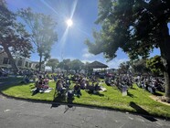 People in the park with sun out watching a summer concert