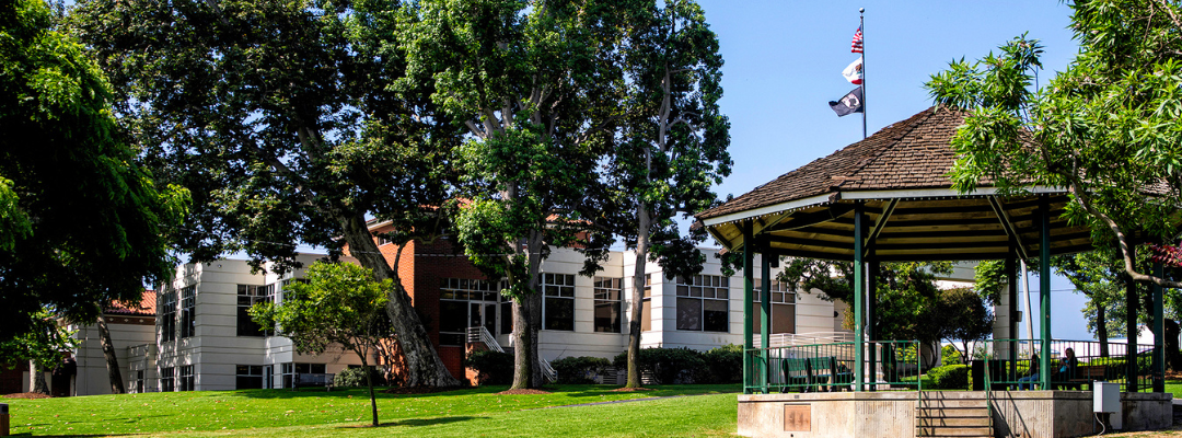 El Segundo Library Park on a sunny day with view of gazebo and library