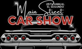 Black and white cartoon of rear view of a cadillac with words "Main Street Car Show"