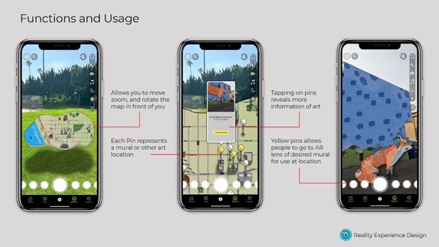 Images of the augmented reality features on phones for various murals in El Segundo