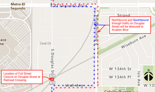 Map of street closure on Douglas Street at the railroad crossing
