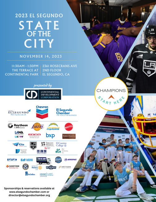 Words "State of the City" with images of LA Lakers, LA Chargers, LA Kings, and El Segundo Little League