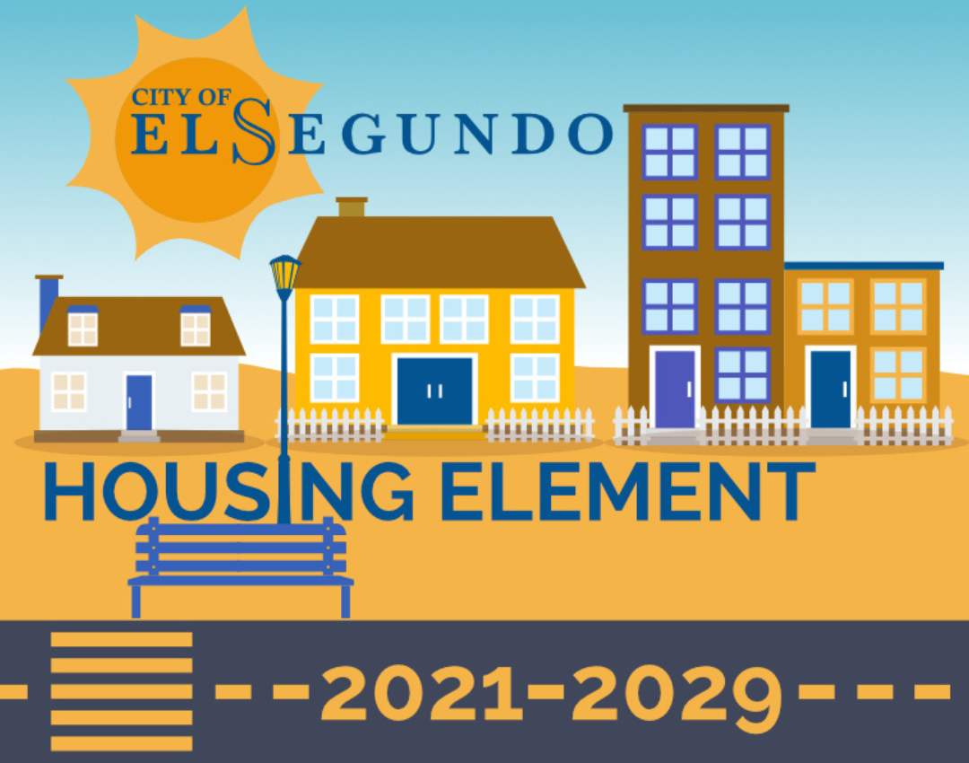 Cartoon of street with houses, benches, lights and words "Housing Element"