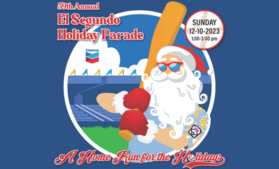 Cartoon of Santa holding a baseball bat and words "A home run for the holidays"