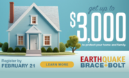 Eathquake Brace + Bolt logo with a house and words "$3,000"